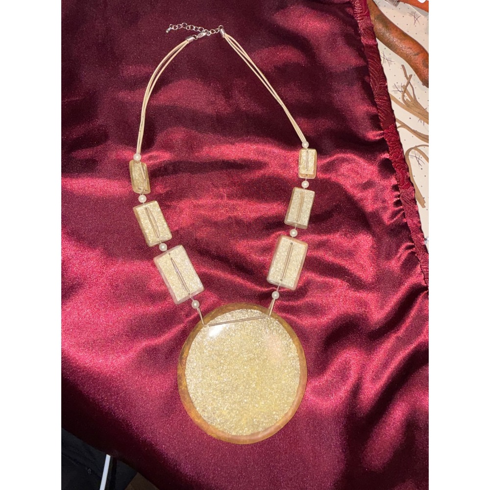 Statement Resin Glitter Circle Pendant Necklace Gold Tone Geometric Multi Strand